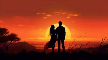 silhueta do casal em pé assistindo tranquilo pôr do sol foto