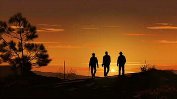silhueta do homens caminhando ao ar livre às pôr do sol foto