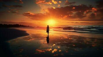 silhueta em pé em de praia assistindo tranquilo pôr do sol foto