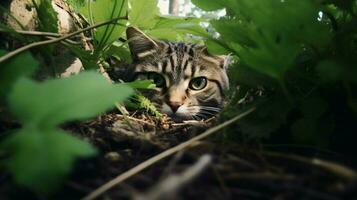 Smartphone captura feroz felino se escondendo dentro natureza foto