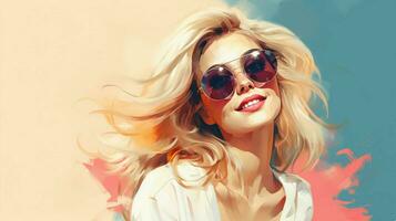 sorridente loiro mulher dentro oculos de sol exala confiança foto