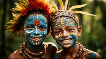 sorridente Rapazes dentro face pintura trazer alegria e felicidade ao ar livre foto