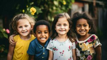 sorridente crianças do diferente etnias Aprendendo ao ar livre foto