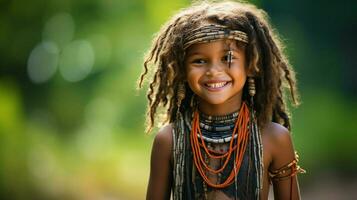 sorridente indígena criança vestindo tradicional colar Fora foto