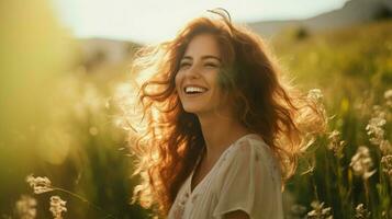 sorridente mulher goza ao ar livre luz solar natureza e despreocupado foto