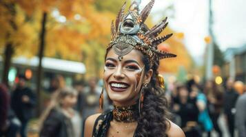 sorridente mulher dentro tradicional traje comemora dia das Bruxas foto