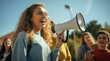 sorridente jovem mulheres segurando megafone falando ao ar livre foto