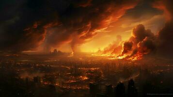 fumaça preenchidas céu sobre uma queimando paisagem urbana foto