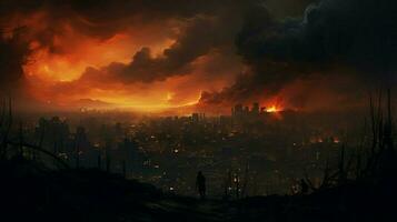 fumaça preenchidas céu sobre uma queimando paisagem urbana foto