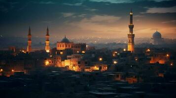 espiritual minarete ilumina antigo árabe cidade skylink foto