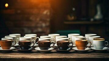 pilha do café copos dentro uma linha em mesa não pessoas foto