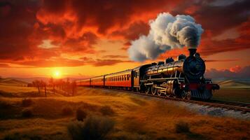 vapor trem velocidades através rural pôr do sol cenário foto