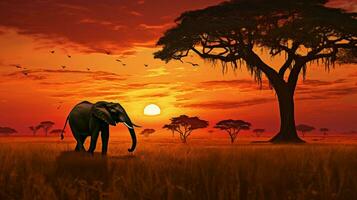 pôr do sol silhueta africano elefante no meio savana foto