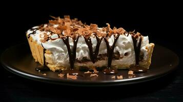 doce torta com chocolate e açoitado creme em Preto fundo foto