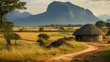 colmo cabana no meio montanhoso africano panorama foto