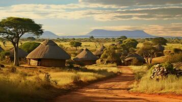 colmo telhados ponto idílico africano rural paisagens foto