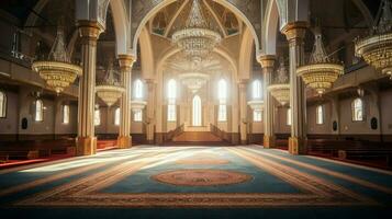 a dentro do uma mesquita com uma ampla tapete e uma ampla foto