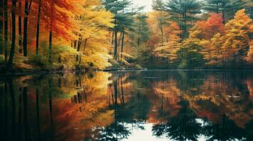 tranquilo outono floresta reflete em sereno lagoa foto