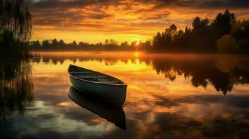 tranquilo pôr do sol em a lagoa barco a remo desliza através refletir foto