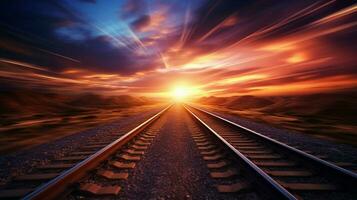 transporte modo velocidades em Ferrovia faixas às pôr do sol foto