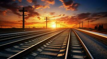 transporte modo velocidades em Ferrovia faixas às pôr do sol foto