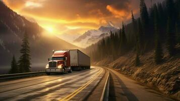 caminhão dirigindo através montanha passar às pôr do sol foto