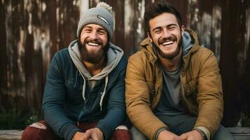 dois jovem adulto machos com barbas sorridente foto