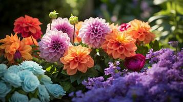 vibrante ramalhete do multi colori flores dentro uma formal gard foto