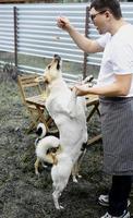 homem caucasiano beijando um cachorro, caminhando ao ar livre foto