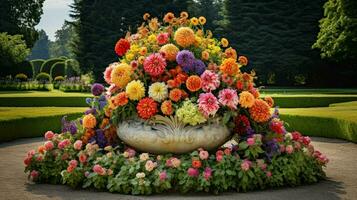 vibrante ramalhete do multi colori flores dentro uma formal gard foto