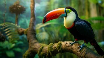 vibrante tucano empoleirar-se em ramo dentro tropical floresta tropical foto