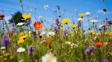 vibrante flores silvestres Prado dentro verão com amarelo e roxa foto