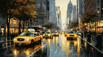 amarelo Táxis pressa através cidade ruas às crepúsculo foto
