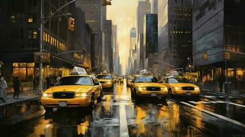 amarelo Táxis pressa através cidade ruas às crepúsculo foto