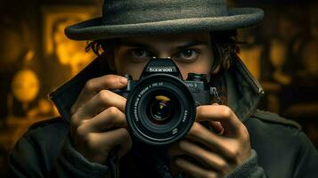 jovem adulto fotógrafo segurando slr Câmera concentrando foto