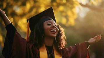 jovem africano americano mulher comemora graduação sucesso foto