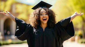 jovem africano americano mulher comemora graduação sucesso foto