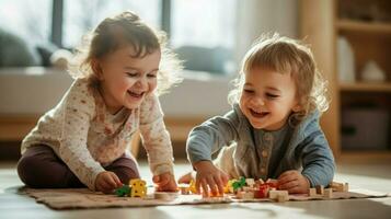 jovem crianças sorridente Aprendendo e jogando juntos interior foto