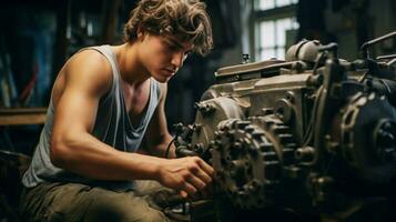 jovem caucasiano homem reparação metal equipamento dentro de casa foto