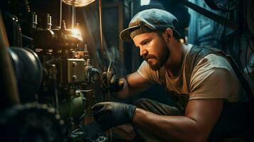 jovem caucasiano homem reparação metal equipamento dentro de casa foto