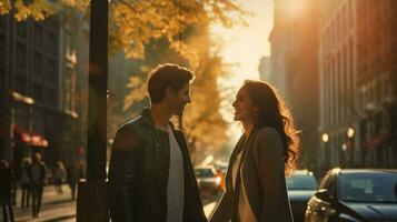 jovem casal caminhando dentro a cidade desfrutando luz solar foto