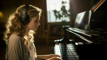 jovem pianista praticando com fones de ouvido dentro estúdio foto