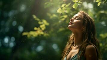 jovem mulher desfrutando a beleza do natureza dentro uma tranquilo foto