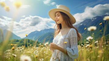 jovem mulher goza a beleza do natureza dentro uma rural cena foto