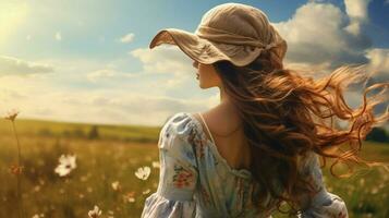 jovem mulher goza a beleza do natureza dentro uma rural cena foto