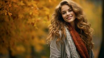 jovem mulher dentro outono floresta olhando longe sorridente cercado foto