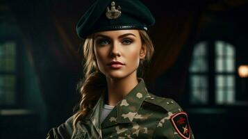 jovem mulher dentro militares uniforme mostra patriotismo foto