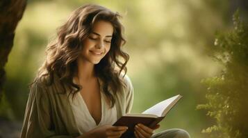 jovem mulher sorridente lendo livro dentro natureza foto