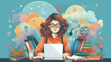 jovem mulher estudando às escrivaninha com criatividade foto
