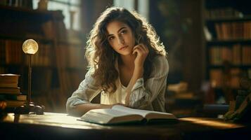 jovem mulher estudando literatura dentro biblioteca retrato foto